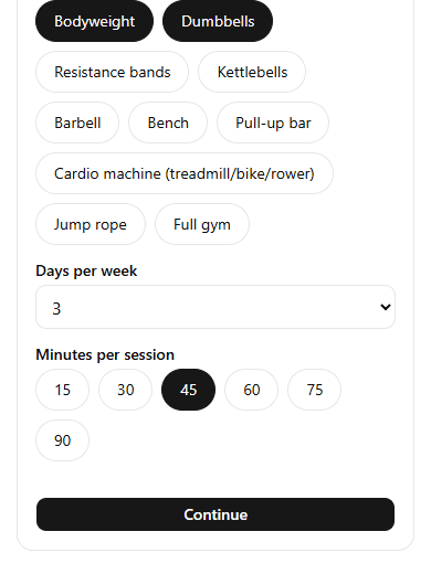 The Personal Trainer intake wizard, showing equipment and time selection